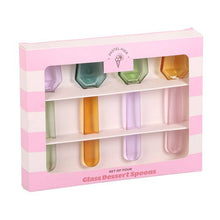 Load image into Gallery viewer, The Sorbet Glass Dessert Spoons displayed in pink gift-style packaging with pastel glass spoon assortment