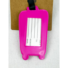 Load image into Gallery viewer, Back view of hot pink suitcase luggage tag featuring identification card insert window