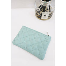 Load image into Gallery viewer, Teal quilted faux leather mini zip pouch with zipper closure on white background