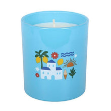 Load image into Gallery viewer, Blue Amalfi Coast Sparkling Lemon Blossom candle with Mediterranean coastal illustration and chevron detail