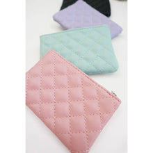 Load image into Gallery viewer, Assorted quilted mini zip pouches in pastel and black faux leather displayed in flat lay styling on white background
