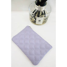 Load image into Gallery viewer, Lavender quilted faux leather mini zip pouch with zipper closure on white background
