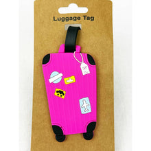 Load image into Gallery viewer, Hot pink suitcase-shaped luggage tag with travel-themed icon details on packaging
