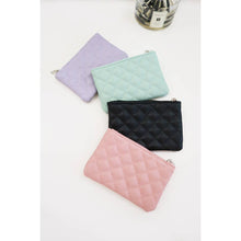 Load image into Gallery viewer, The Quilted Mini Zip Pouch collection in teal, lavender, black, and blush pink faux leather with quilted texture on white background
